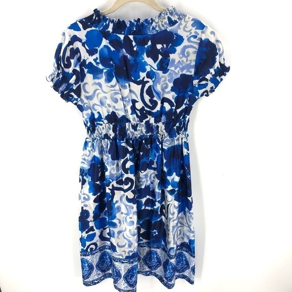 Adrianna Papell Silk Cotton Floral Dress Smocked Waist Fit Flare Blue Size 8 - Picture 4 of 9